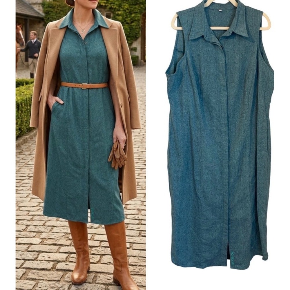 Middy N Me Teal Linen Sleeveless Collared Midi Dress Size 22 Made in America